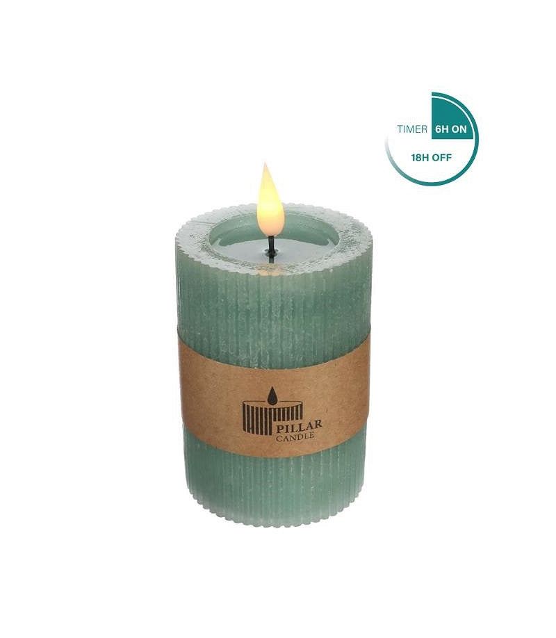 LED Rustic Pillar Candle Ø7 h. 10 cm Eucalyptus green w. timer