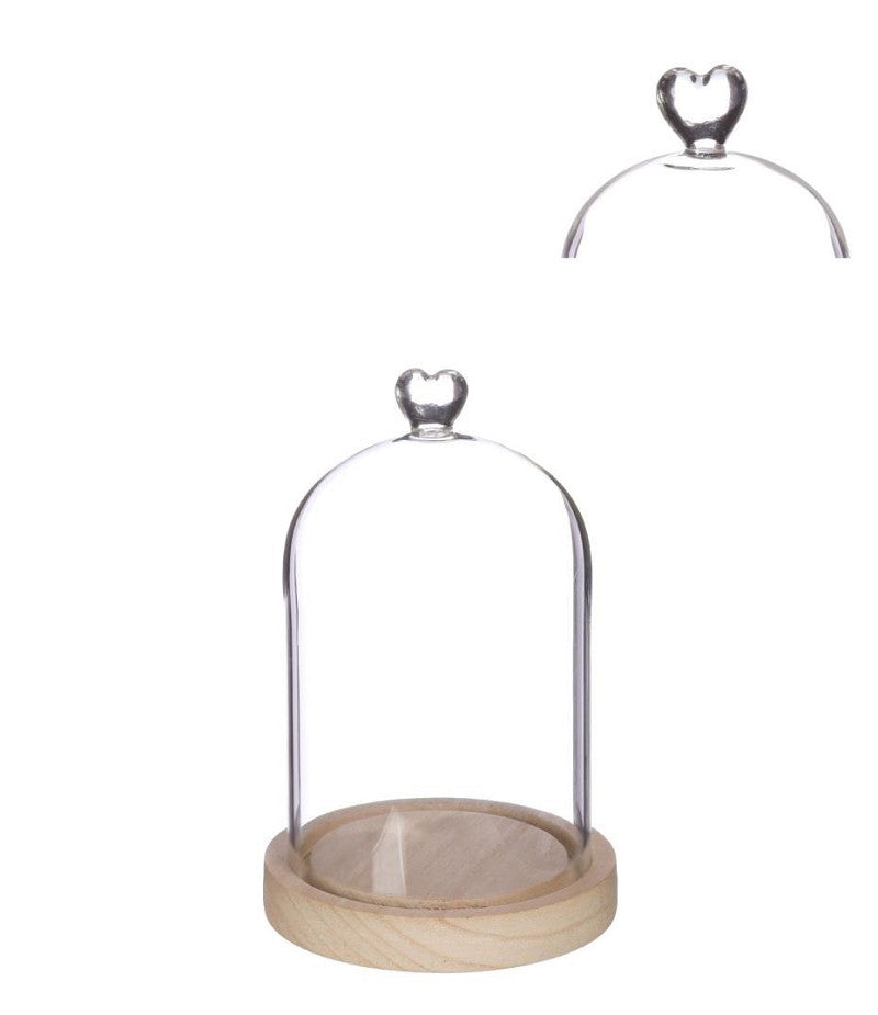 Bell jar heart wood base Ø12 h.18,5 cm