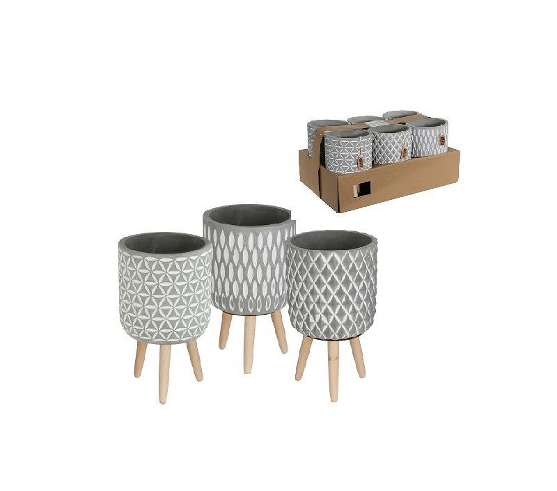 Cement pot with pattern and wooden legs h.21.5 Ø14 cm