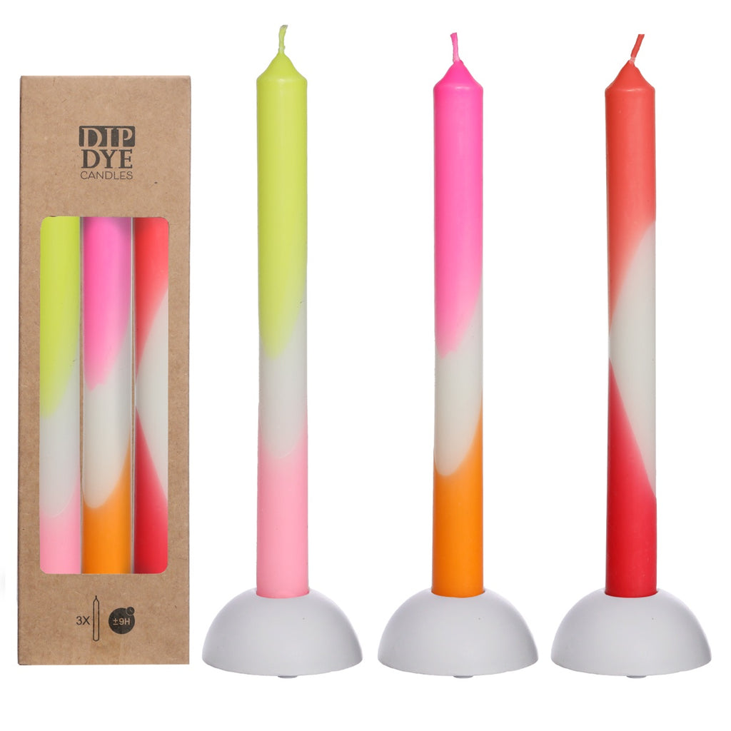 Ideas 4 Seasons Dip Dye candle h.24 Ø2.2 cm set 3 pink-orange-red-yellow — Ideas4Seasons