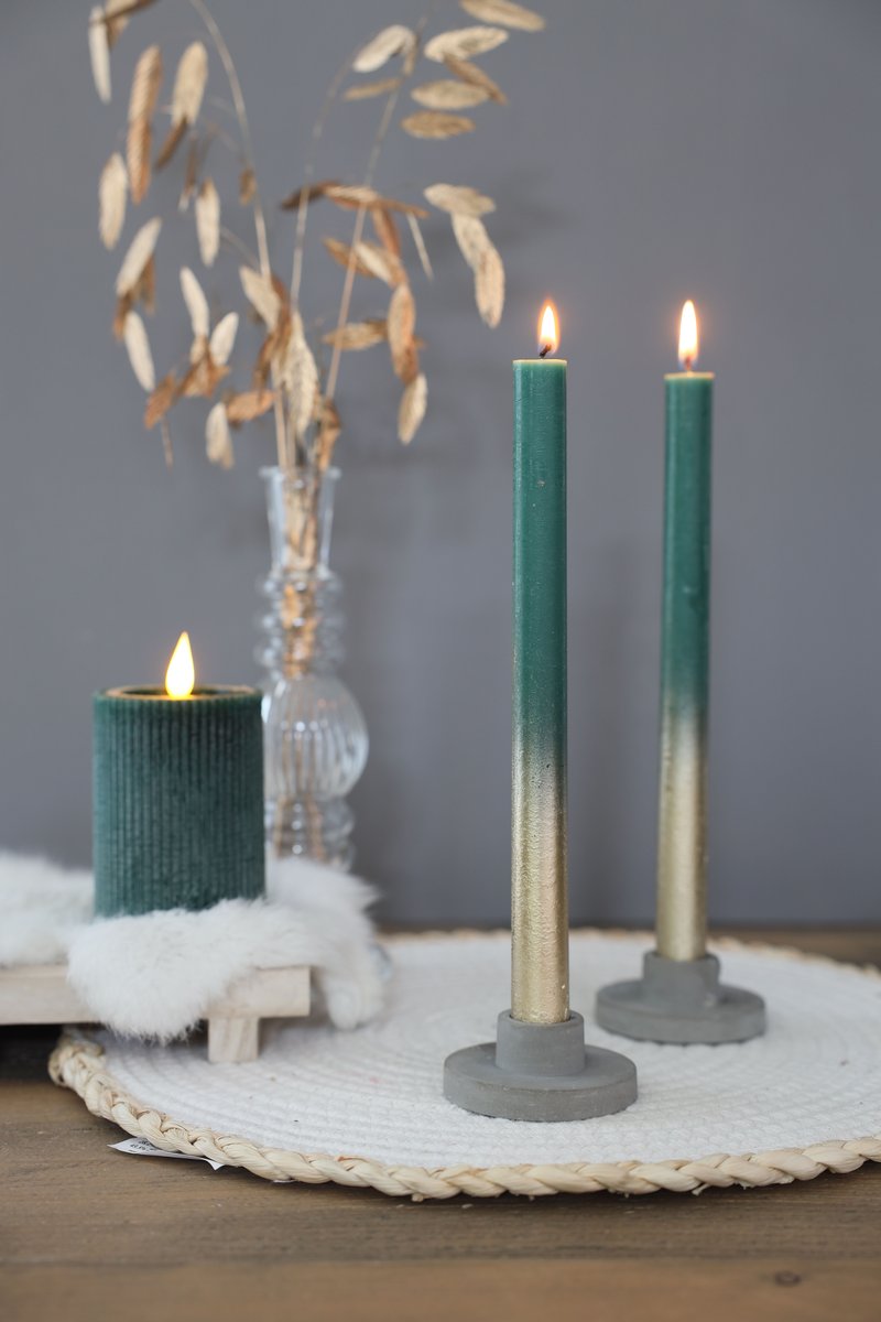Ideas 4 Seasons Dinner candle Ø2.1 h. 25cm moss green w. gold spray set/2 — Ideas4Seasons