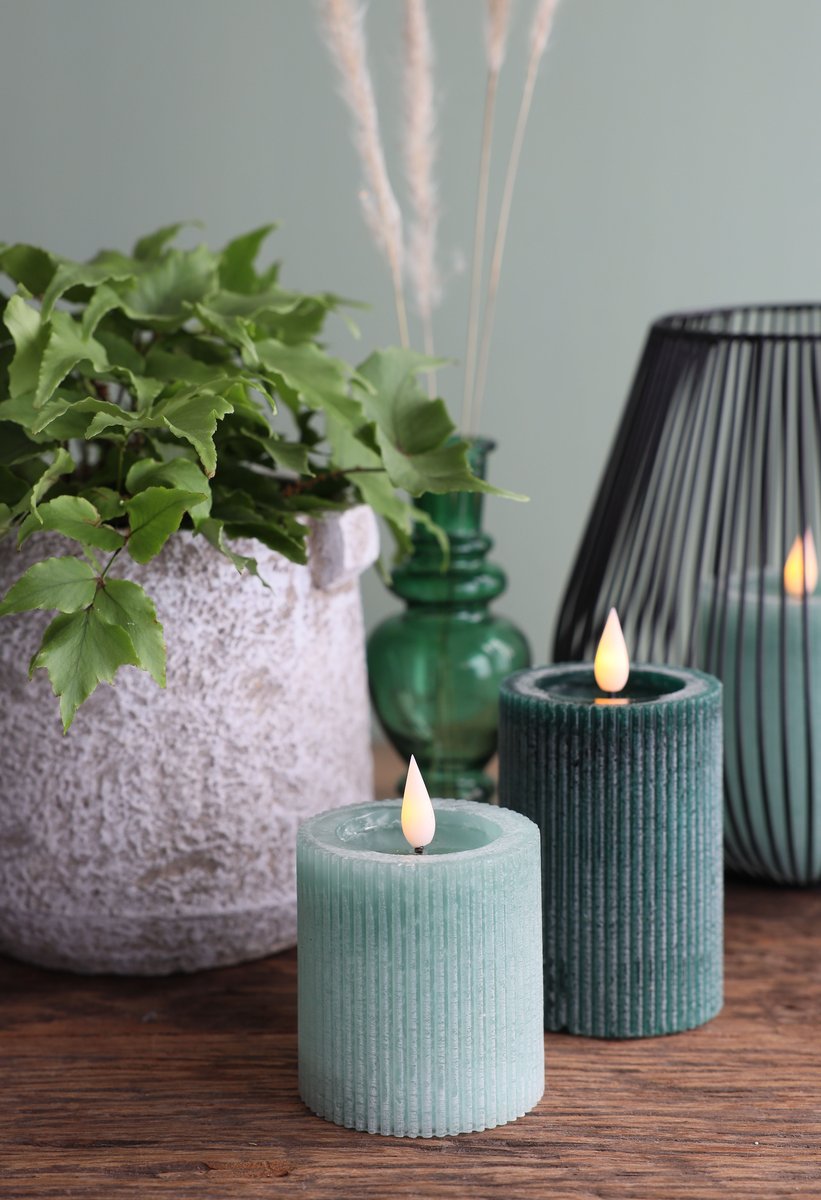 Ideas 4 Seasons LED Rustic Pillar Candle Ø7 h. 10 cm Moss green w. timer — Ideas4Seasons