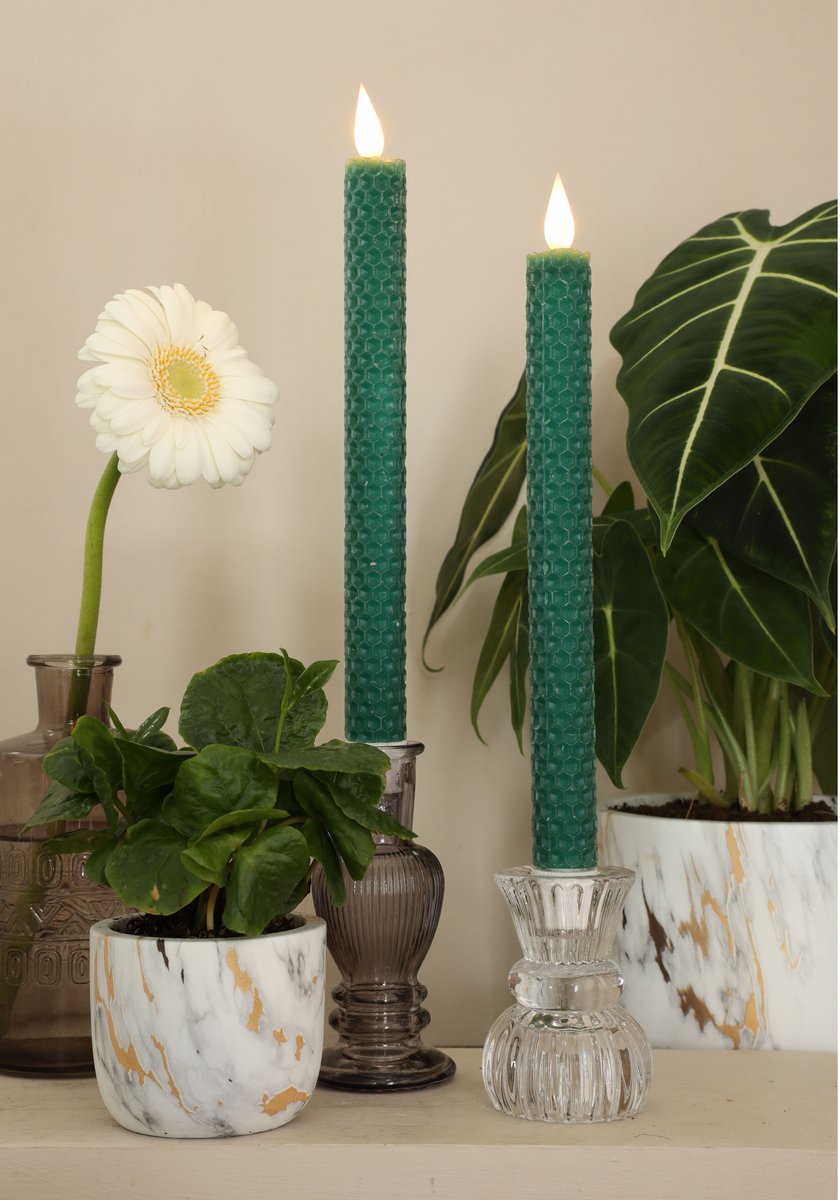 Ideas 4 Seasons LED honeycomb candle set/2 Ø2.2 h. 25cm Moss Green w. timer — Ideas4Seasons