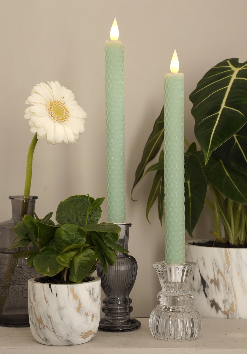 Ideas 4 Seasons LED honeycomb candle set/2 Ø2.2 h. 25cm Eucalyptus Green w. timer — Ideas4Seasons