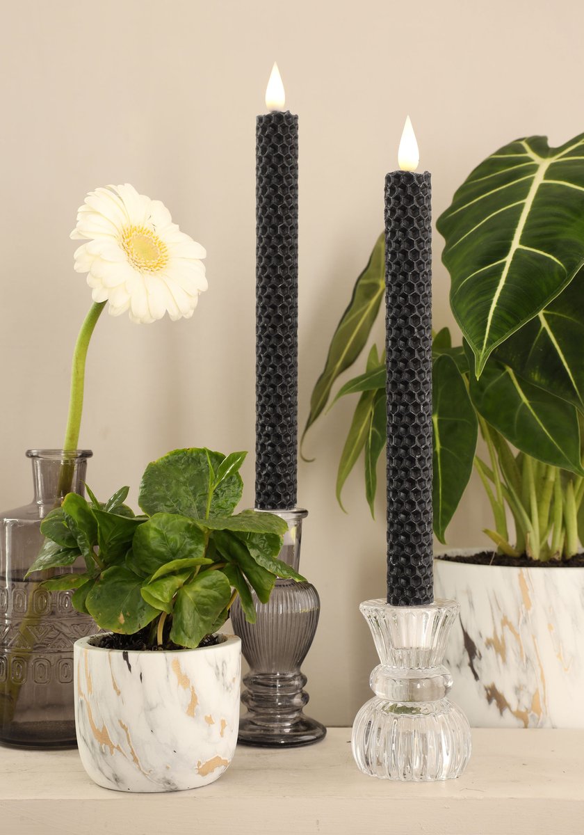 Ideas 4 Seasons LED honeycomb candle set/2 Ø2.2 h. 25cm Black w. timer — Ideas4Seasons