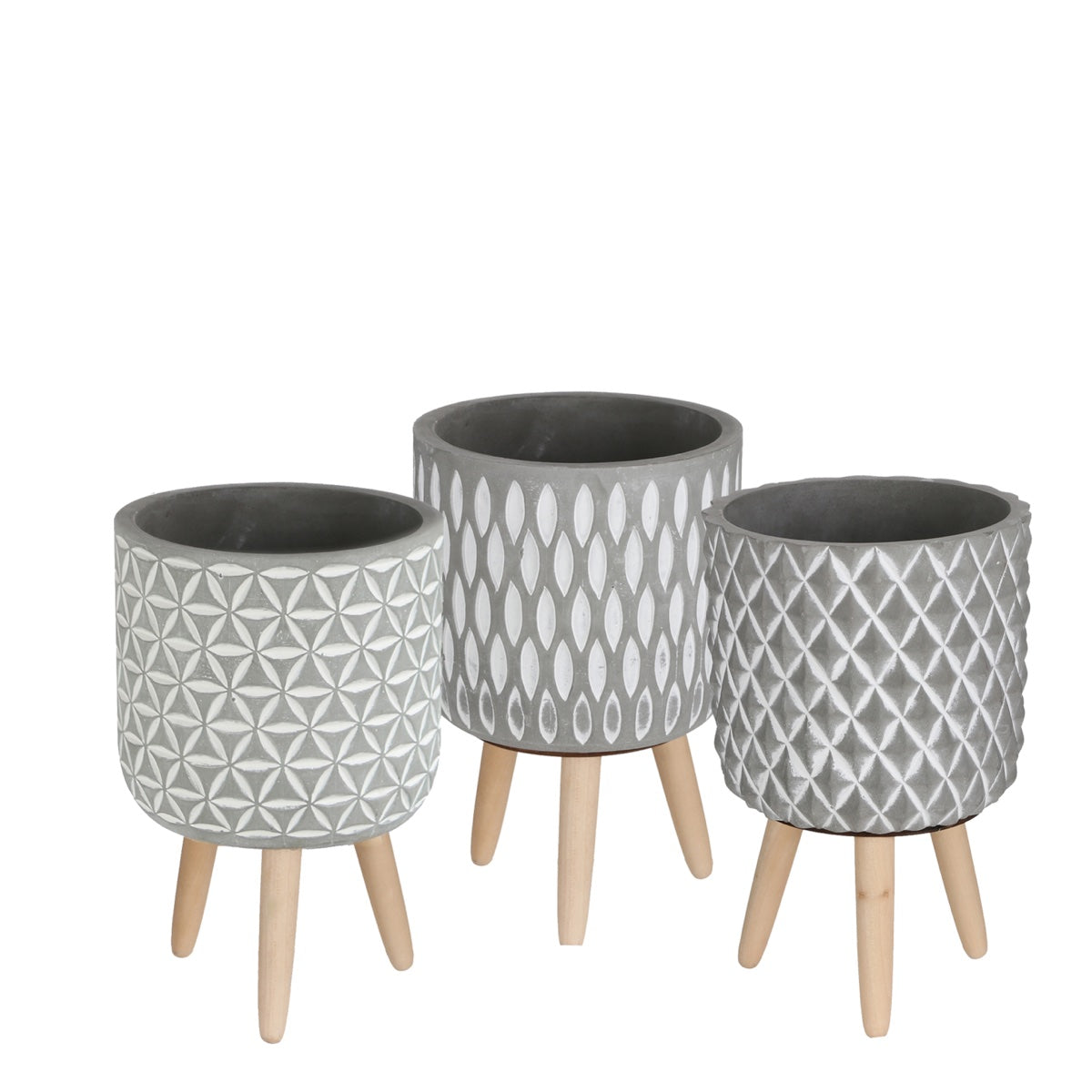 Ideas 4 Seasons Cement pot with pattern and wooden legs h.21.5 Ø14 cm — Ideas4Seasons