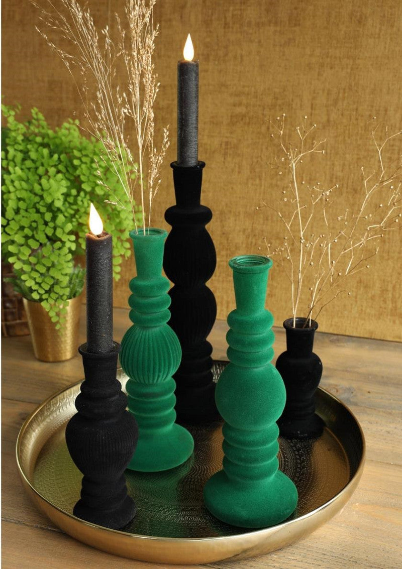 Florence Candle Vase velvet flock h.28 Ø9 cm dark green