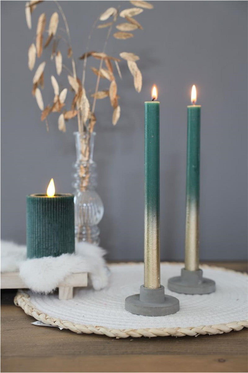 Dinner candle Ø2.1 h. 25cm moss green w. gold spray set/2