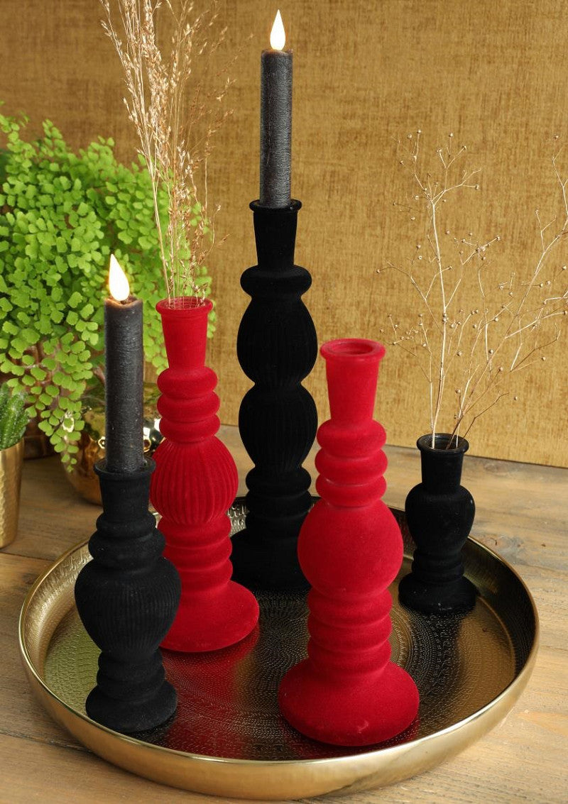 Venice Candle Vase velvet flock h.16 Ø6 cm cherry