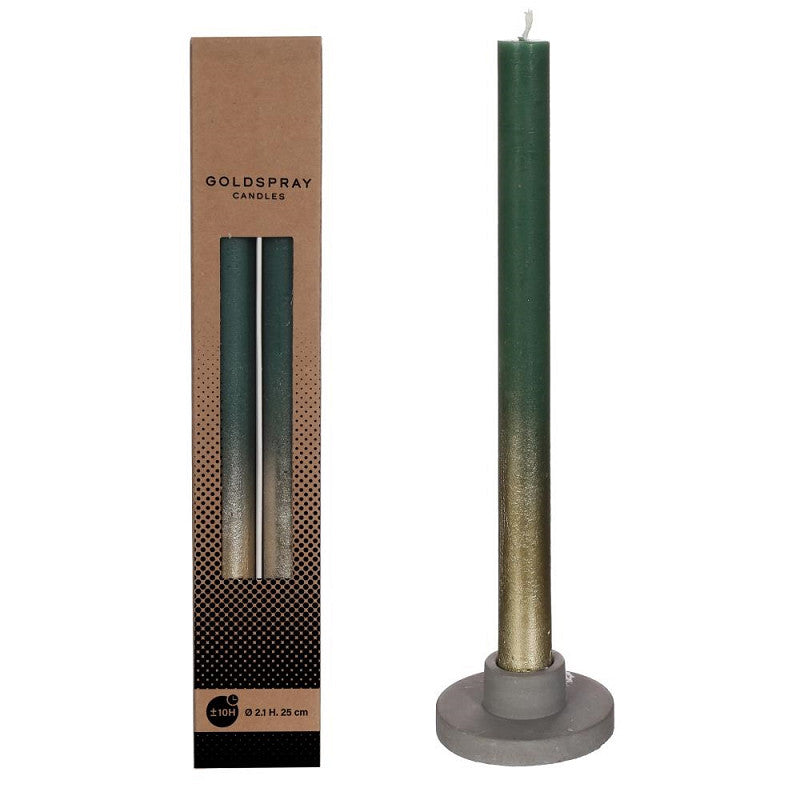 Dinner candle Ø2.1 h. 25cm moss green w. gold spray set/2