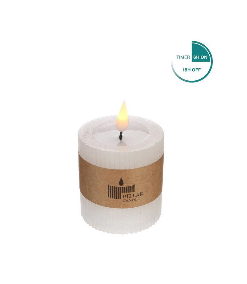 LED Rustic Pillar Candle Ø7 h. 7,5cm White w. timer