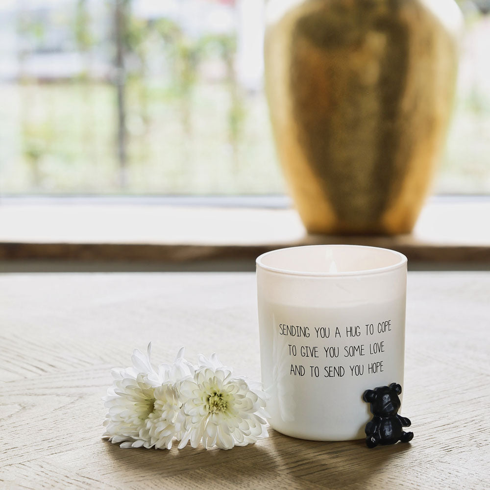 SALE My Flame Lifestyle Scented soy candle in glass jar with bear White Sending you a hug to cope — My Flame