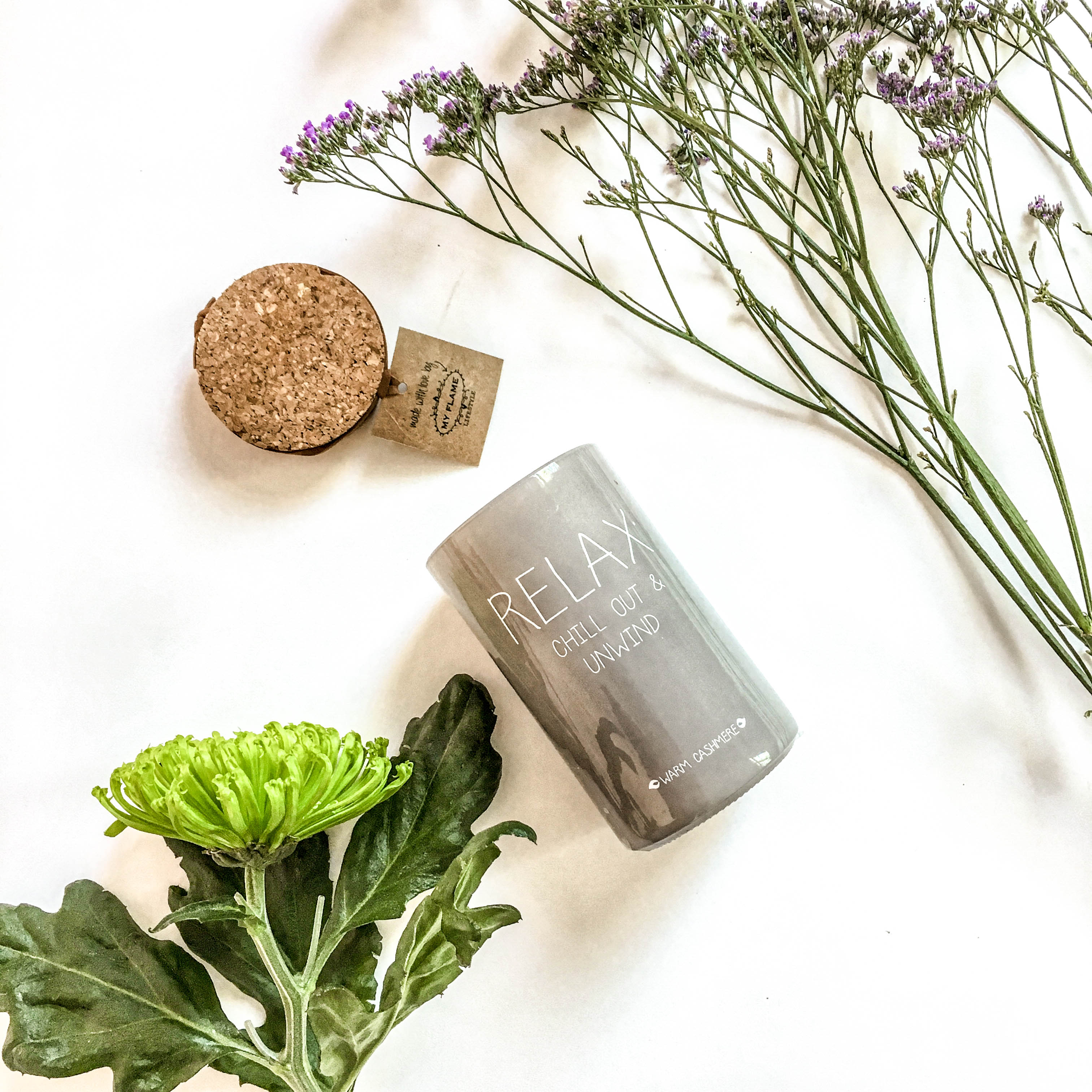 SALE My Flame Lifestyle Scented soy candle in glass jar Relax, chill out & unwind Light Grey — My Flame