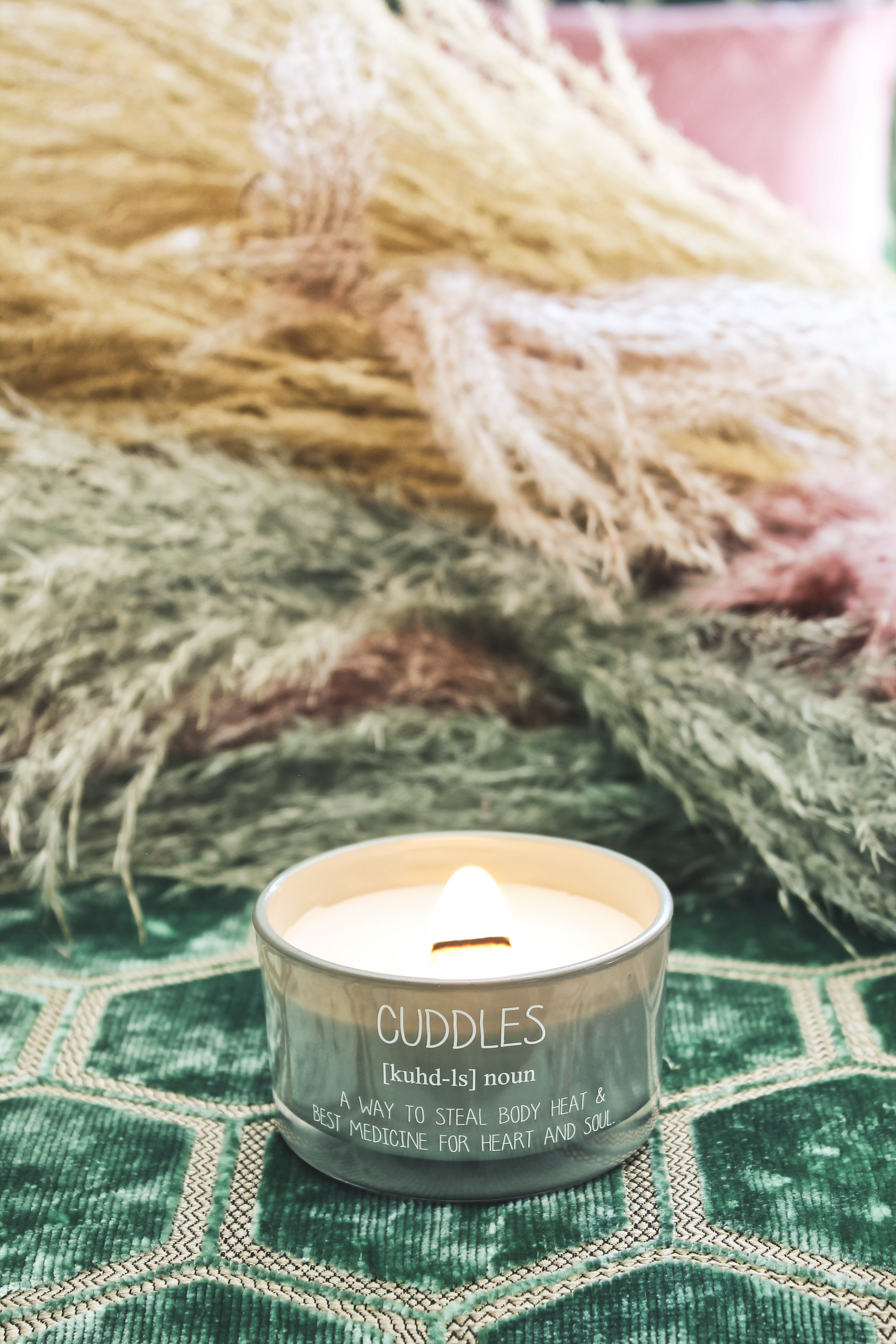 SALE My Flame Lifestyle Scented soy candle in glass jar with wood wick Green Cuddles, medicine heart — My Flame
