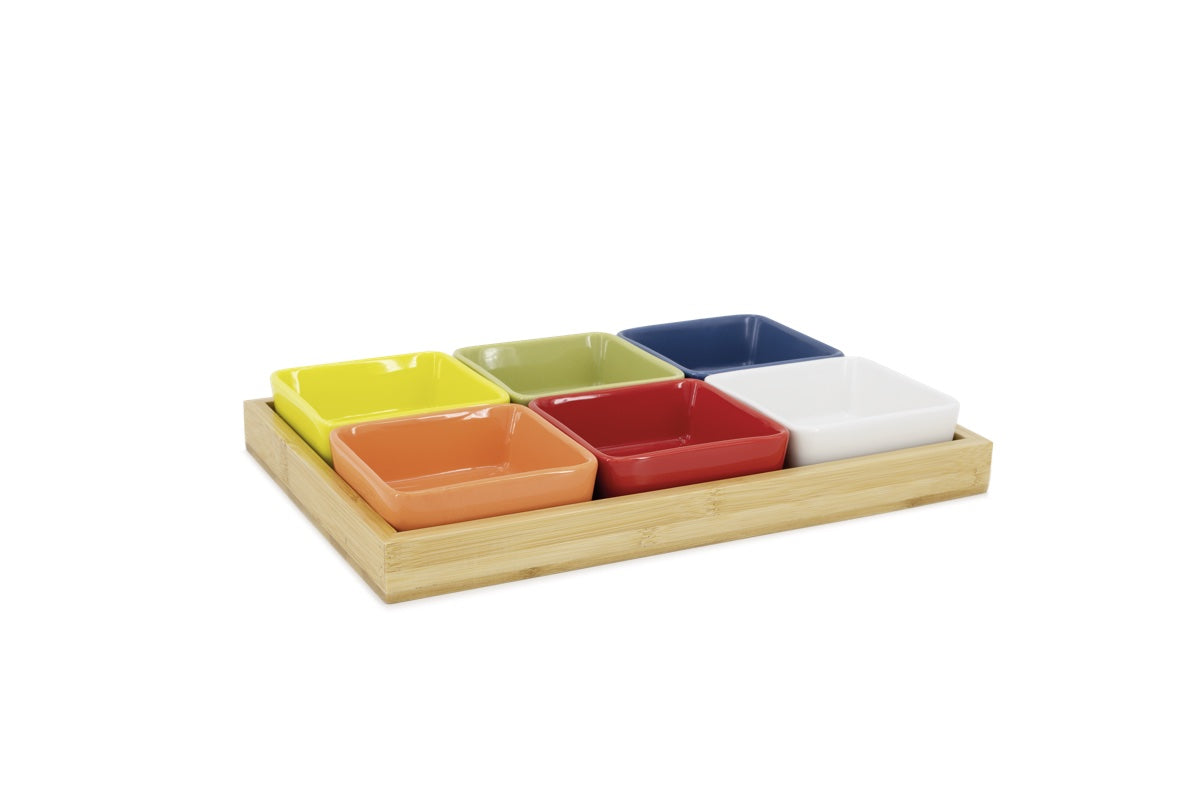 Bowl set with wooden tray no. 1, set of 7