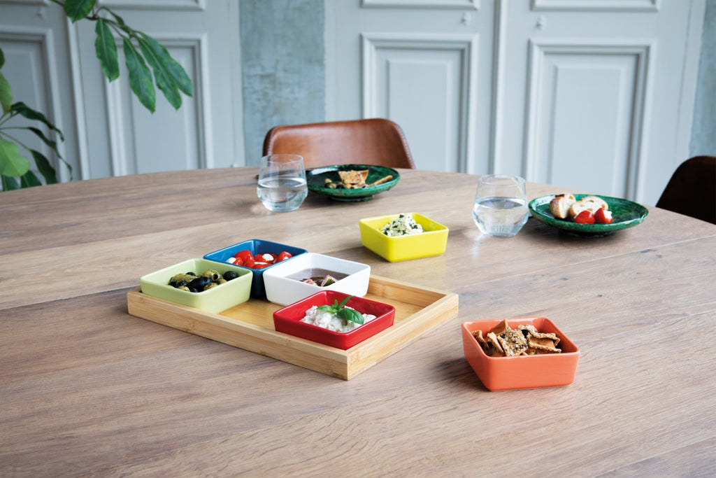 Bowl set with wooden tray no. 1, set of 7