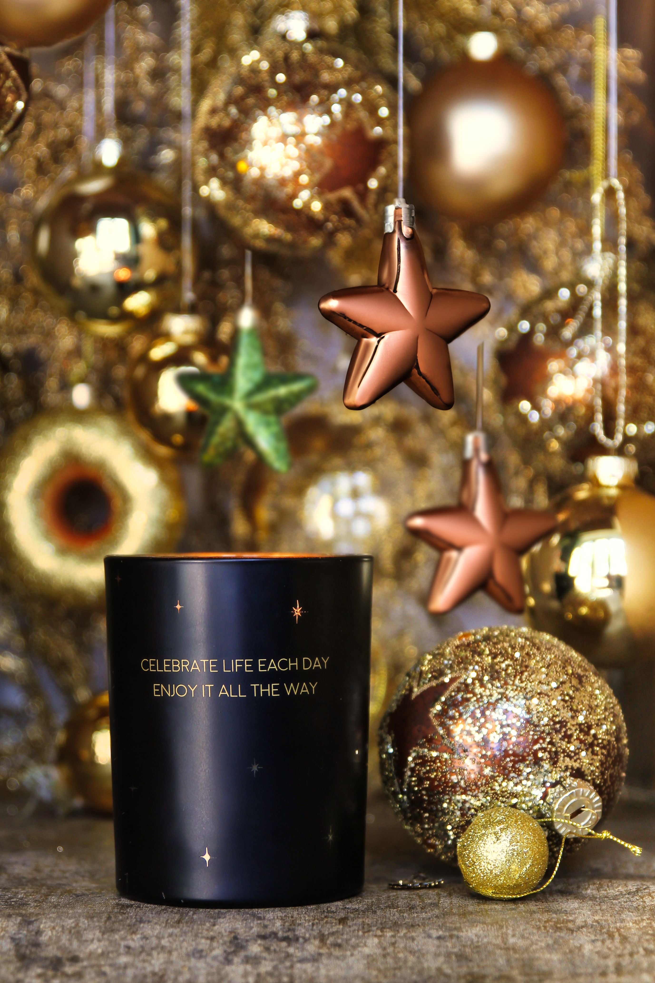 SALE My Flame Lifestyle Scented soy candle in glass jar with stars Black/gold Celebrate life each day, enjoy it all the way Winter Wood — My Flame