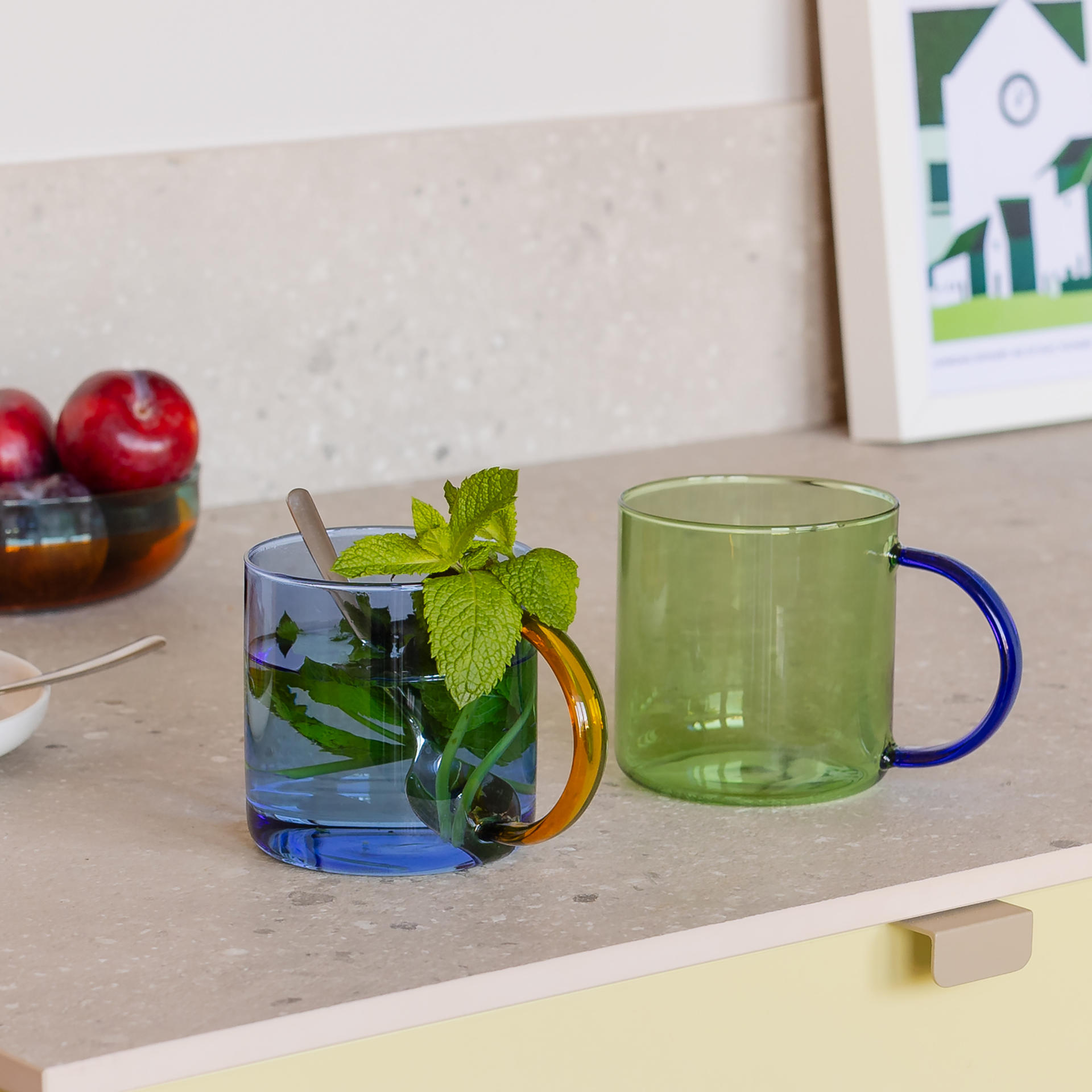 Glass mugs 'Fred' green-blue, set of 2